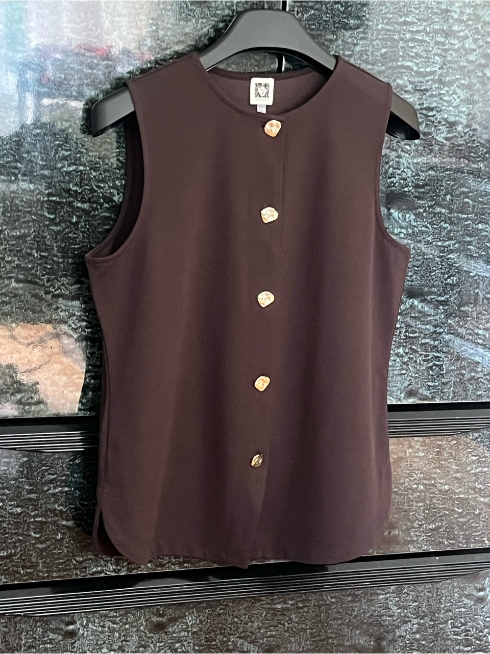 Anne Klein Chocolate Brown Sleeveless Vest/Blouse with Gold Buttons
